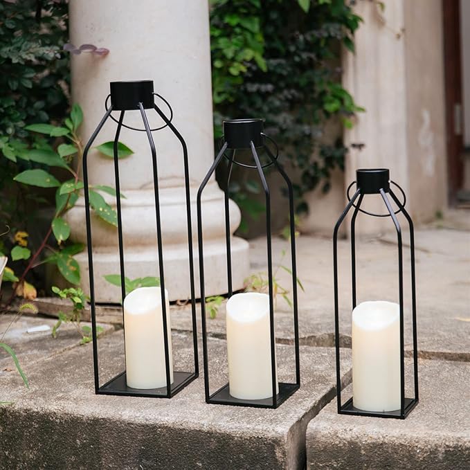 HPC Decor 22'' 19'' 16'' Lanterns Decorative w/Flickering Timer Candles- Tall Large Black Metal Candle Lanterns Set of 3- Modern Farmhouse Decor for Indoor,Outdoor,Tabletop,Porch (No Glass)-Ruum Studio Home