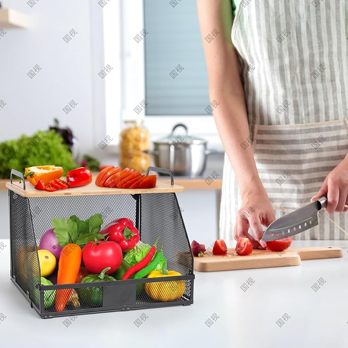 2 Tier Stackable Hanging fruit basket for kitchen counter,hanging Wall baskets with Bamboo Tops & Tag,Wire basket for Cabinet Shelf Countertop Pantry Organizer Bins, onion potato Vegs Bread Organizing-Ruum Studio Home