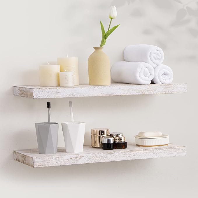 Axeman Floating Shelves for Wall, 24''W x 8''D Rustic Solid Elm Wood Wall Shelves for Storage, Wall Mounted Display Shelving with Invisible Heavy-Duty Metal Bracket (White Wash, 2PCs)-Ruum Studio Home