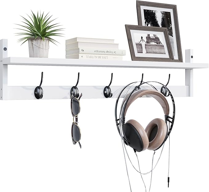 BAMEOS Wall-Mounted Wood Shelf with 5 Dual Hooks for Bathroom, Living Room, Bedroom (White-with Shelf)-Ruum Studio Home