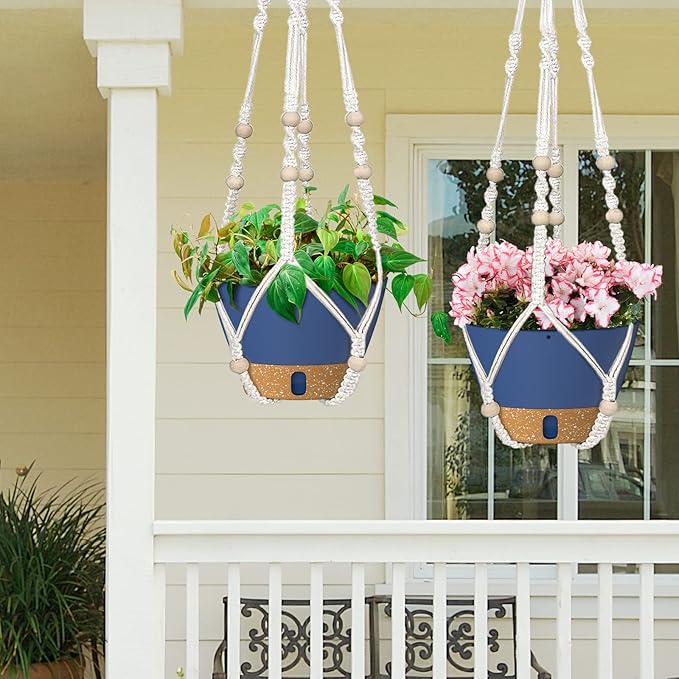 ZMTECH 2 Pack 10 Inch Blue Hanging Planters with Macrame Plant Hanger for Indoor and Outdoor Plants, Self Watering, Drainage Hole, Visible Level Tray-Ruum Studio Home