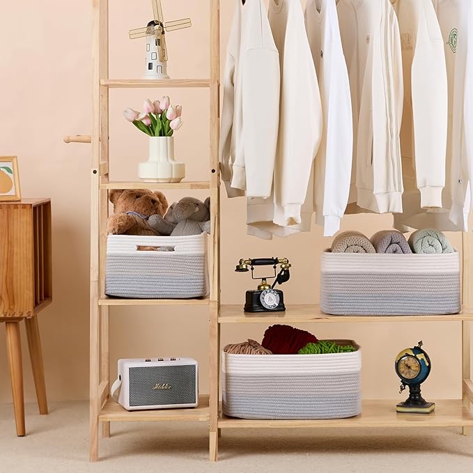 Large Storage Baskets for Shelves, Closet Organizers Bins for Clothes Blanket Towels, Baby Nursery, Toy Baskets Box, Woven Rope Baskets, 17 x 13 x 7.5”, 3 Packs Gradient Grey-Ruum Studio Home