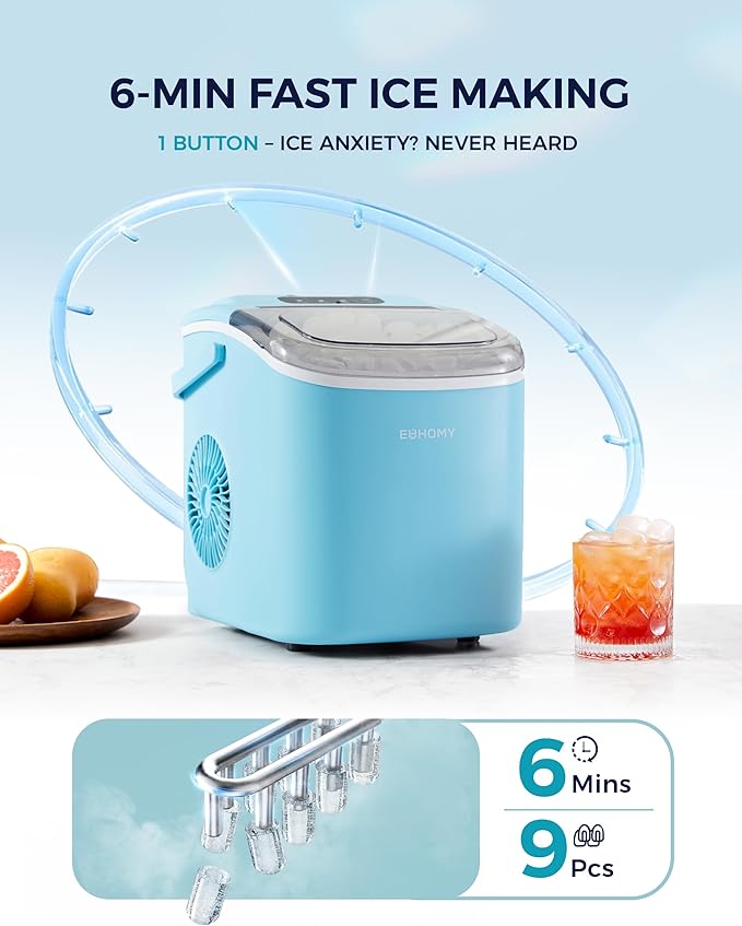 EUHOMY Countertop Ice Maker Machine with Handle, 26lbs Per Day, 9 Ice Cubes Ready in 6 Mins, Auto-Cleaning Portable Ice Maker with Basket and Scoop, for Home/Kitchen/Camping/RV (Blue)-Ruum Studio Home