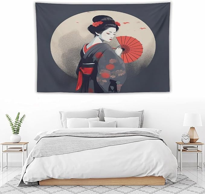Japanese Woman Geisha Tapestry Asian Red Cherry Blossom Red Sun Traditional Kimono Folk Tapestries Home Decor for Living Room Bedroom Apartment Farmhouse Dorm 60"x40"-Ruum Studio Home