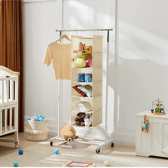MAX Houser 6 Tier Shelf Hanging Closet Organizer, Cloth Hanging Shelf with 2 Sturdy Hooks for Storage, Foldable (Beige)-Ruum Studio Home