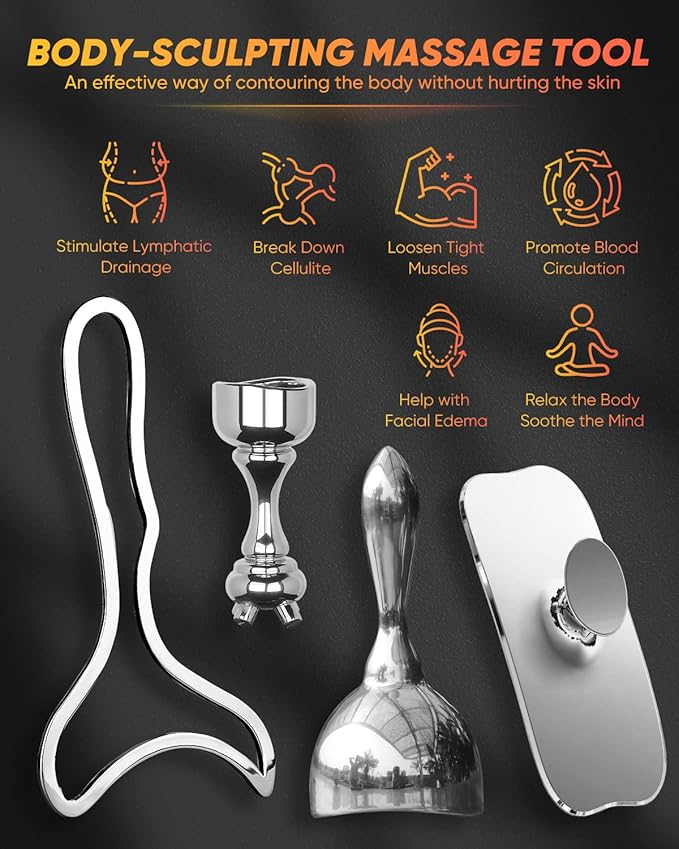 ONUEMP Stainless Steel Therapy Massage Tools, Gua Sha Scraping Body & Face Massager, Maderoterapia Kit Colombiana for Ice Body Sculpting, Lymphatic Drainage, Cellulite Remover, Relieve Sore Muscle-Ruum Studio Home