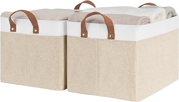 StorageWorks Storage Bins, Fabric Storage Bins for Shelves, Large Storage Baskets with Metal Frame, Closet Baskets and Bins with Handles, Brown and White, 2-Pack-Ruum Studio Home