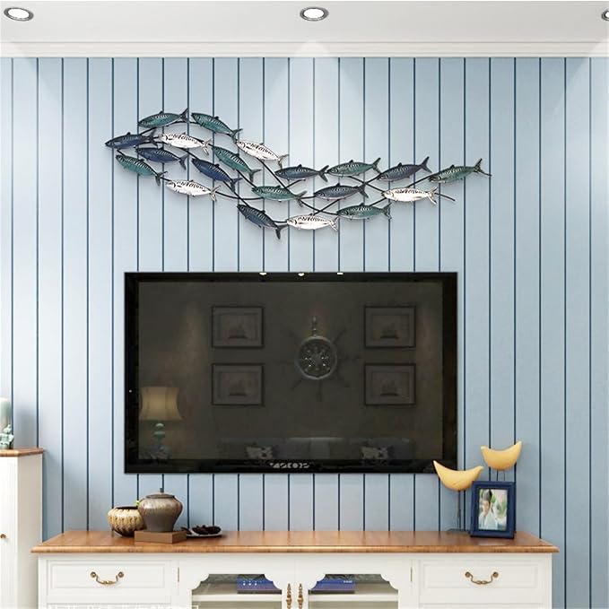 Coastal Metal Fish Wall Decor, Large Nautical Fish Wall Décor,School of 20 Fish Wall Art,3D Fish Wall Sculpture,Fish Metallic Art Decor,Perfect for Living Room,Bedroom,Beach Or Boat Decor,59" X 16.5"-Ruum Studio Home