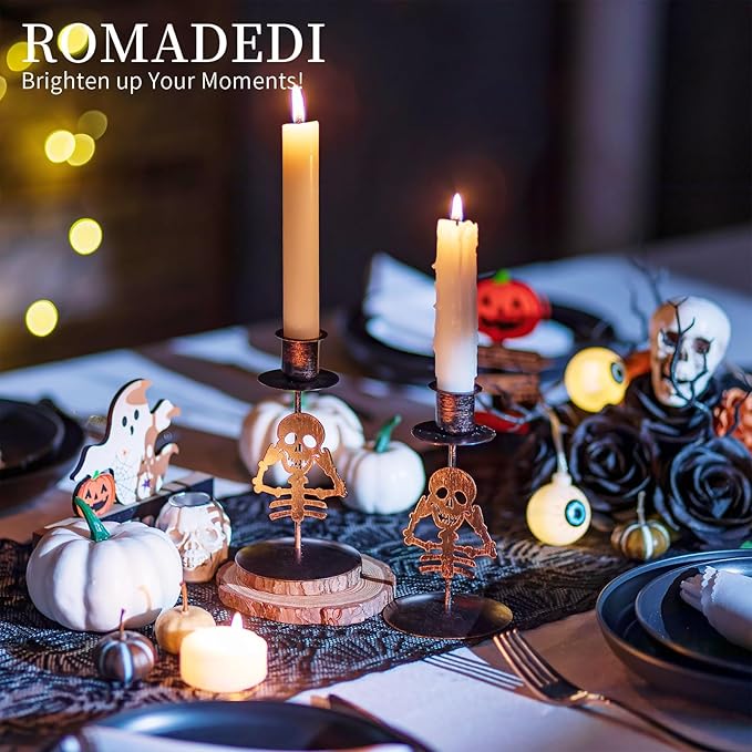 Romadedi Candle Holder for Halloween Decor: Set of 2 Black Gothic Skull Taper Candlestick Table Centerpiece Decorations Spooky Party Dinning Room Home Indoor-Ruum Studio Home