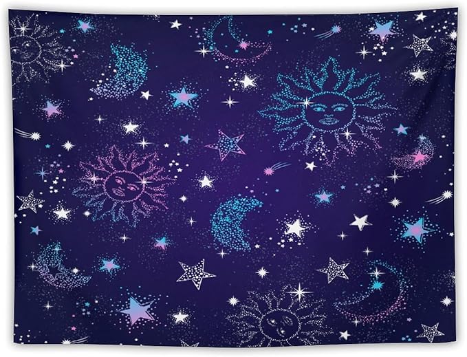HZOHNAGO Boho Sun Moon Tapestry Purple Blue Sun Stars Galaxy Pattern Printed Wall Tapestry Wall Hanging for Bedroom Living Room Dorm 40" W x 30" H-Ruum Studio Home