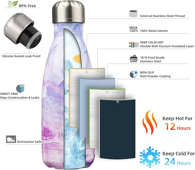 Insulated Water Bottles,12 oz Double Wall Stainless Steel Vacumm Metal Flask for Sports Travel,Marble Dawn-Ruum Studio Home
