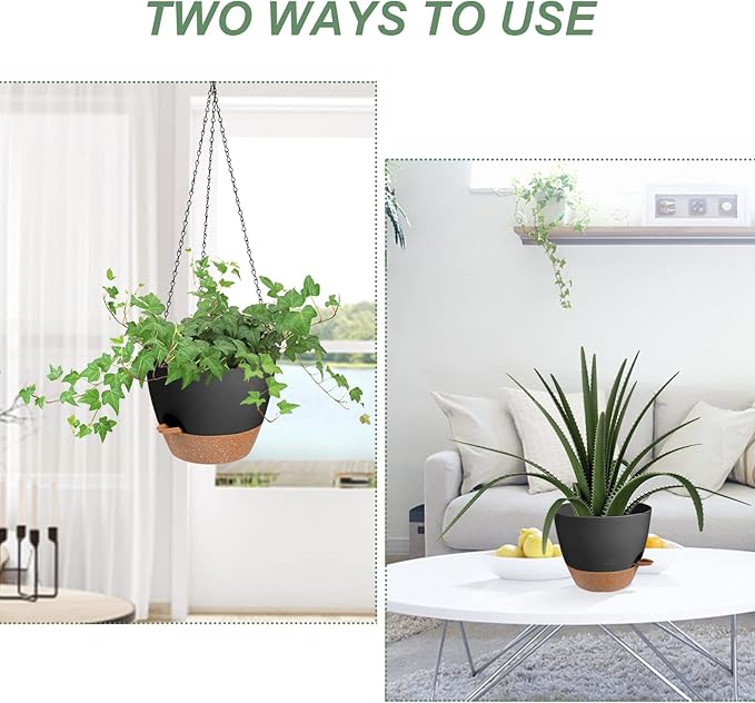 Hanging Planters for Indoor Outdoor Plants, 2 Pack Self Watering Hanging Pot with Drainage Holes & Removable Tray (Black, 6'')-Ruum Studio Home