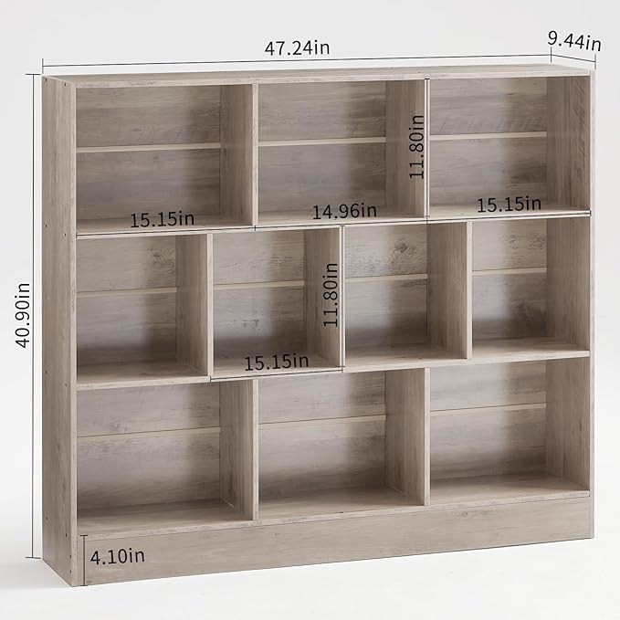LEYAOYAO 10 Cube Bookshelf with Base,3 Tier Mid-Century Modern Grey Bookcase,Standing Wide Bookshelves Storage Organizer Shelf,Rustic Wood Display Cabinet Book Shelves for Bedroom,Living Room,Office-Ruum Studio Home