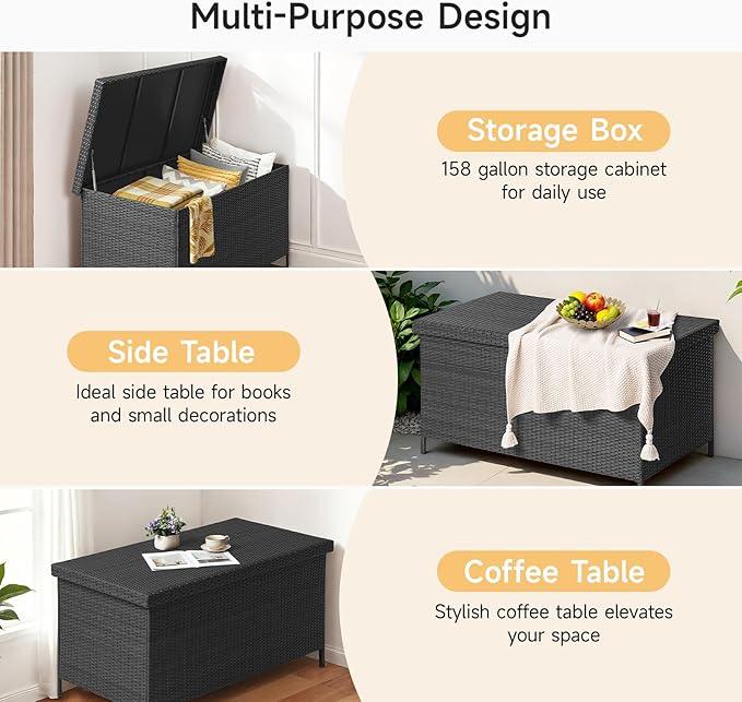 158 Gallon XL Deck Box with Lid, All Weather Wicker Outdoor Storage Box Waterproof, Large Outdoor Patio Storage Bin for Cushions, Garden Tools, Gears, Pool Accessories, Black-Ruum Studio Home