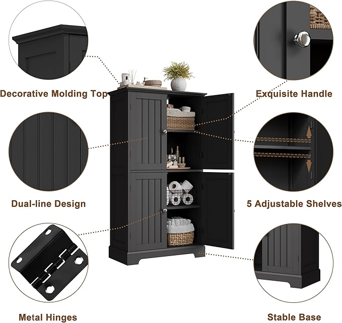 ChooChoo Bathroom Floor Cabinet, Modern Bathroom Storage Cabinet with 4 Doors and Adjustable Shelves, Freestanding Cupboard for Living Room, Black-Ruum Studio Home