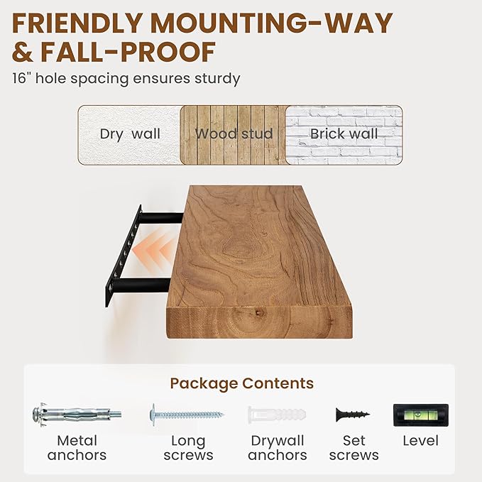 55" Floating Shelves for Wall, Rustic Elm Wood Floating Shelf for Home Decor, Wall-Mounted Display Shelves with Heavy-Duty Bracket, Long Floating Shelf for Bathroom, Kitchen, Natural Color-Ruum Studio Home