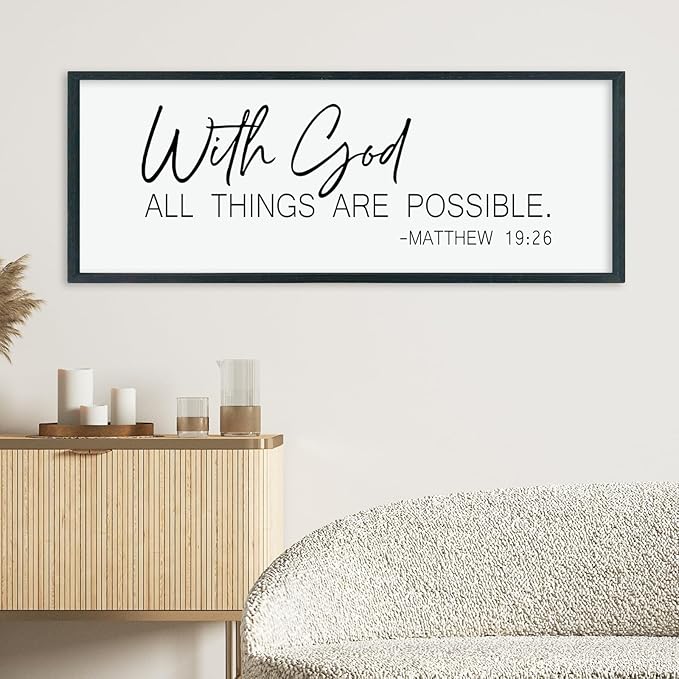 LuZhiQiang With God All Things Are Possible Wall Decor 40"×15" Matthew 19:26 sign Bible Verse Scripture for Living Room Large Wood Framed Wall Hanging Art (Black)-Ruum Studio Home