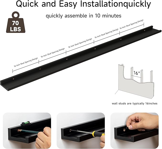 Floating Picture Ledge Shelves for Wall Set of 2, 95 Inches Picture Ledge Shelf with Long Large Nursery Book Shelf for Toys Storage Kids Bookshelf Wall Mounted Living Room Bedroom Decor Frames, Black-Ruum Studio Home