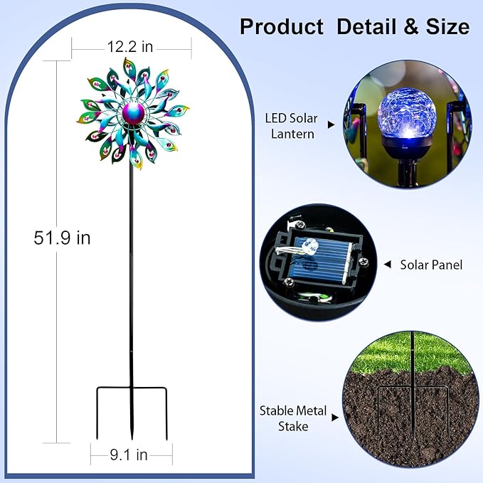 360°Peacock Solar Wind Spinner with Lights Blue Metal Garden Outdoor Decor Yard Lawn Art Decor for Patio Kinetic Windmills Unique Gifts for Friends and Family 51.9' H x 12.2'' Dia-Ruum Studio Home