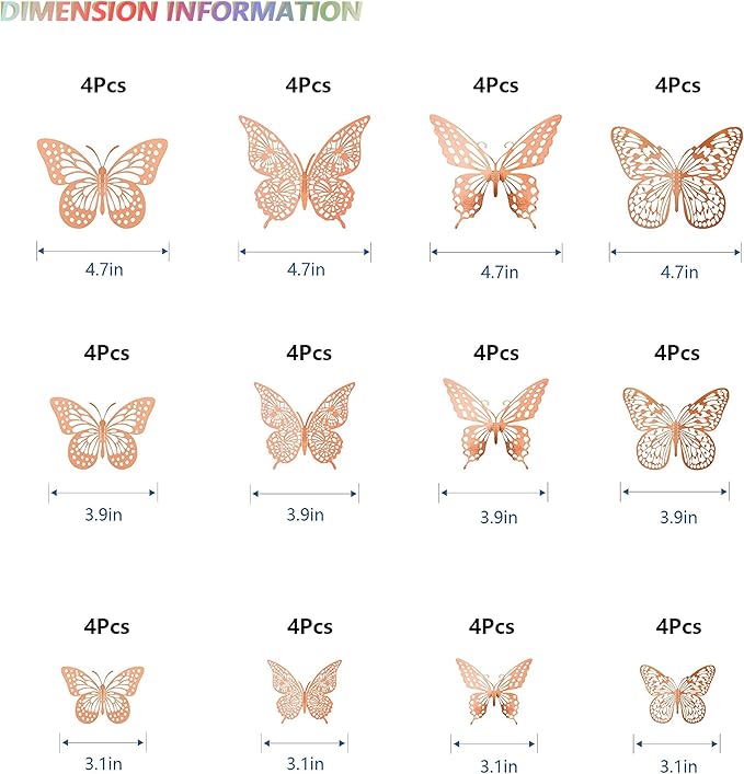 SAOROPEB 3D Butterfly Wall Decor, 48 Pcs 4 Styles 3 Sizes, Removable Metallic Wall Sticker Room Mural Decals for Kids Bedroom Nursery Classroom Party Decoration Wedding Decor DIY Gift (Rose Gold)-Ruum Studio Home