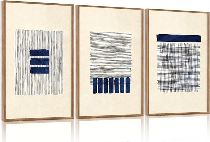 Aurlan Boho Christian Line Art Framed Wall Decor(16"x24"), 3PCS Minimalist Jesus Leavs the 99 Sheep Lamb Bible Story Canvas Artwork, Neutral Abstract Beige Navy Blue Religious Painting for Bedroom Living Room-Ruum Studio Home