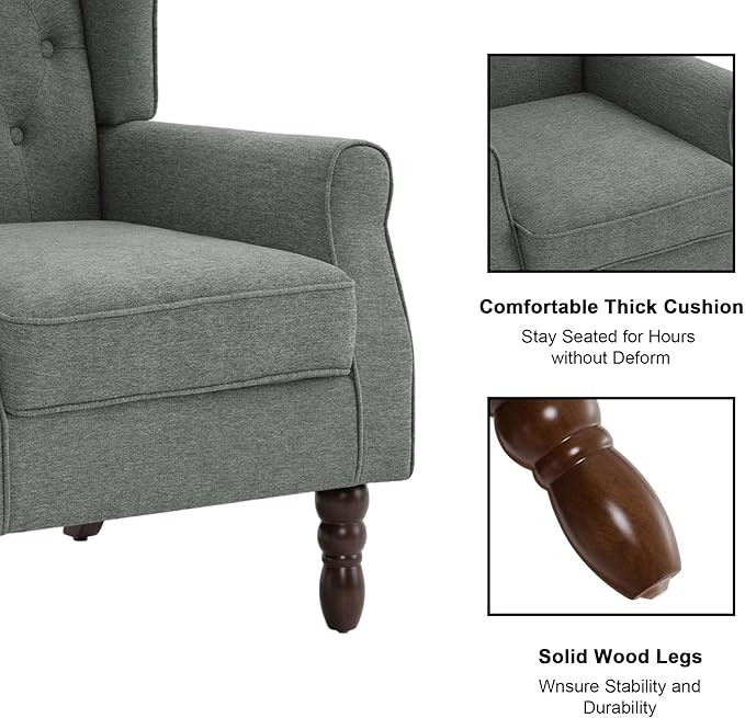 Accent Chair, Upholstered Armchair with Button Tufted High Back & Solid Wood Legs, Comfy Wingback Reading Single Sofa Chair for Small Spaces, Living Room, Bedroom (Grey, Set of 2)-Ruum Studio Home