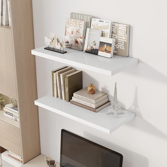 30" Floating Shelves for Wall, 12" Deep Slim White Floating Shelves, Wall-Mounted Shelves for Bedroom, Living Room, Kitchen, Bathroom - Set of 2-Ruum Studio Home