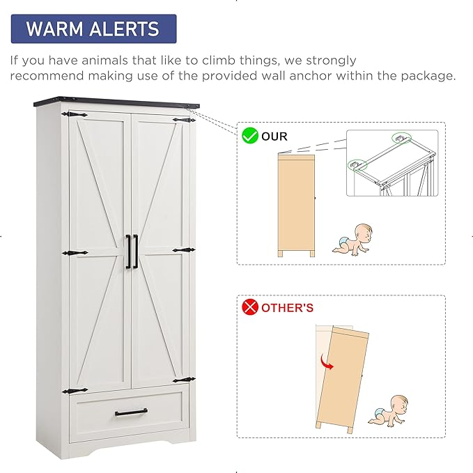 JXQTLINGMU Farmhouse Kitchen Pantry Cabinet - 72" Tall Wood Kitchen Storage Cabinets with Adjustable Shelves & 2 Barn Style Doors & Drawer, Versatile Storage for Dining Room, Bathroom, Antique White-Ruum Studio Home