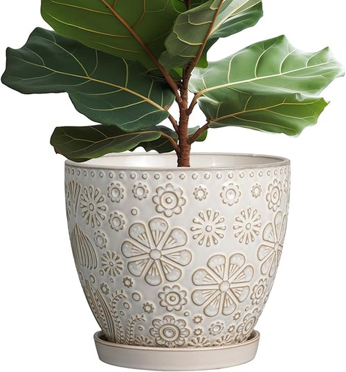 10 Inch Ceramic Planter Pot Large Plant Pot for Indoor Plants Outdoor Round Flower Pot with Drainage Hole and Saucer for Home Garden Decor White-Ruum Studio Home