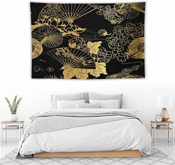 HZOHNAGO Japanese Tapestry Gold Flowers Umbrella Fan Pattern Printed Wall Tapestry Painting Wall Hanging for Bedroom Living Room Dorm 90" W x 60" H-Ruum Studio Home