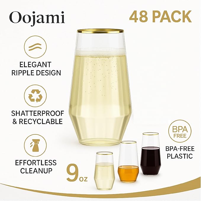 48 Pack Diamond Unbreakable Stemless Plastic Wine Stemless Toasting coacktail Glasses, Durable 9 Oz BPA-Free Disposable Champagne Flutes for Weddings, Bars, Events, and Celebrations (Diamond Gold Rim)-Ruum Studio Home