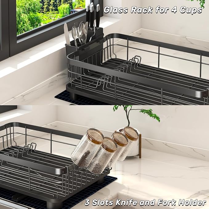 Godboat Dish Drying Rack, Dish Rack with Auto-Drain & Mat, Dish Drainers for Kitchen Counter, Glass Organizer for 4 Cups, 3 Slots Utensil Holder, Gifts for Women Mothers Day, Kitchen Gadgets & Decor-Ruum Studio Home