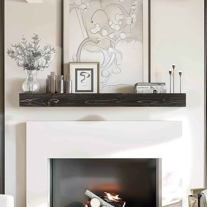 48x8x3 Fireplace Mantel - Handcrafted Hollow Rustic Solid Wood Wall Mounted Floating Shelf with Invisible Heavy Duty Wood Bracket (Weathered Black)-Ruum Studio Home