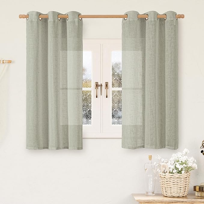 LAMIT Short Linen Curtains 48 Inch Length 2 Panels, Semi Sheer Light Filtering Panels Bronze Grommet Drapes for Small Window/Bathroom/Bedroom/Basement, Sage Grey, 34 x 48 Inch-Ruum Studio Home