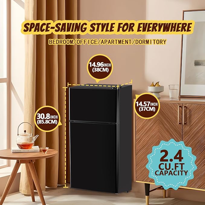 Mini Fridge with Freezer Small Refrigerator Double Door Dorm Fridge for Single Removable Shelves for Bedroom, Office, Dorm Black-Ruum Studio Home