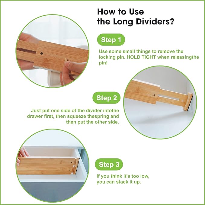 ANTOWIN Bamboo Drawer Dividers Organizers 16pcs, Expandable Drawer Separators Splitter, 17-22 inches Long Adjustable Spring-loaded Organizer for Large Utensil, Clothes, Tools Drawers (8+8)-Ruum Studio Home