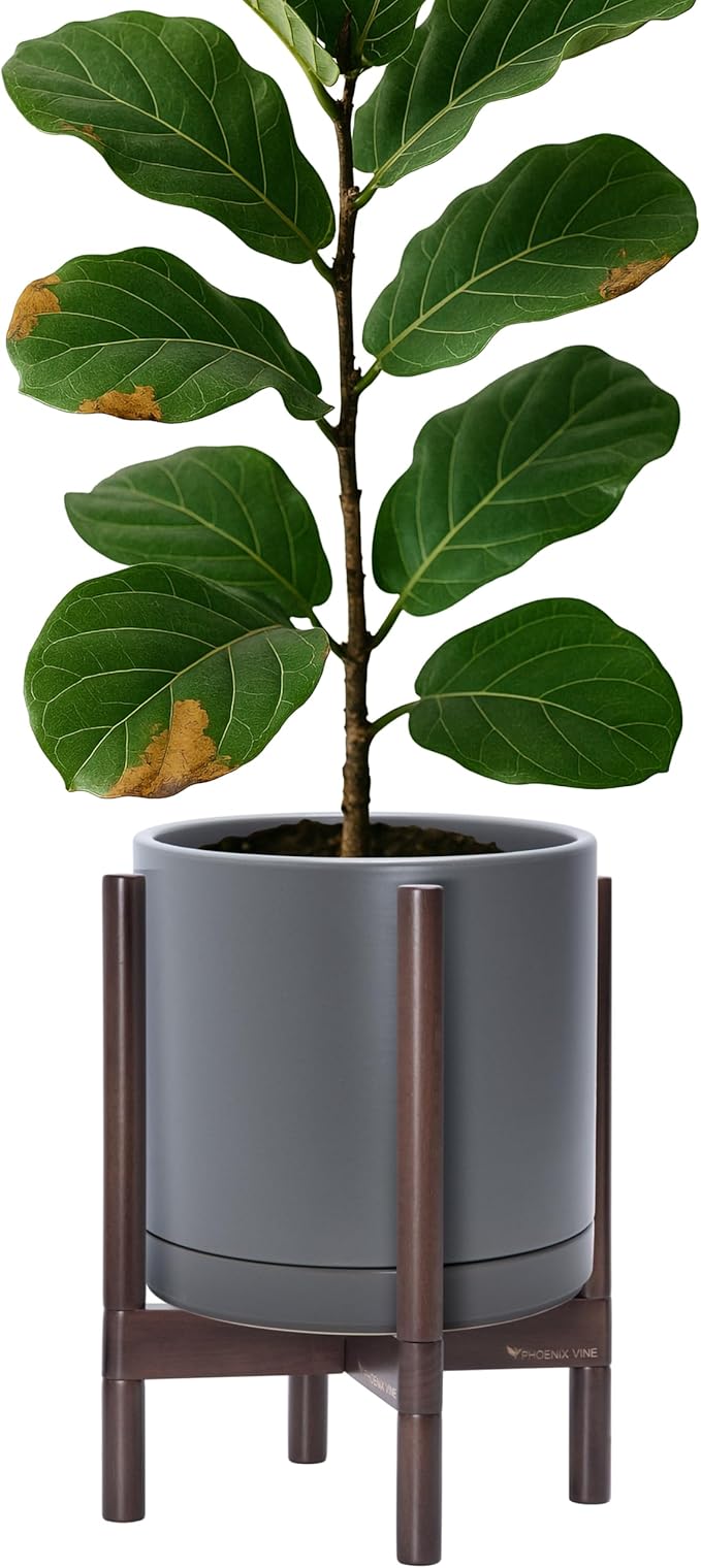 D'vine Dev Ceramic Planter with Walnut Color Stand - 12 Inch Modern Round Flower Pot with Wood Planter Holder, Grey, 55-B-W-3-Ruum Studio Home