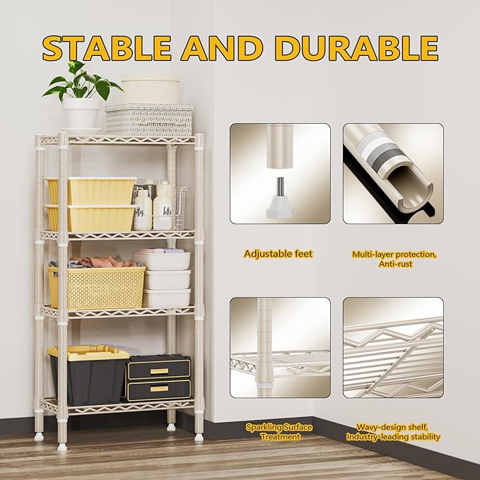 1000 lbs 4-Shelf Standing Storage Shelves Heavy Duty Metal Shelving Unit Adjustable Wire Rack for Office Garage Kitchen, Light Tan 11.8 D x 23.6" W x 47.5" H-Ruum Studio Home
