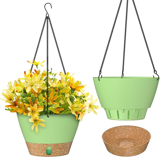 ZMTECH 2 Pack 10 Inch Hanging Planters for Outdoor Plants, Hanging Pots for Plants Indoor with Visible Water Level, Hanging Flower Basket with Drainage Holes & Removable Tray(Green)-Ruum Studio Home