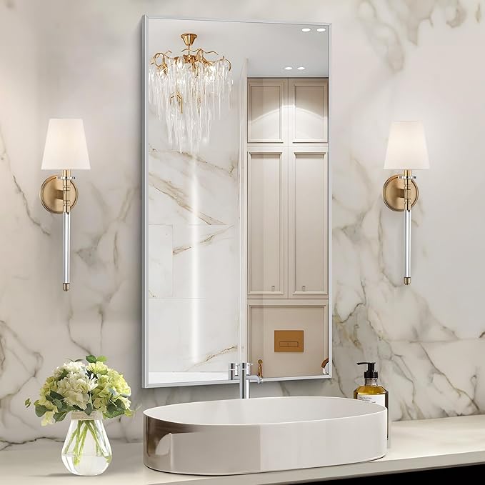 48x24In Silver Bathroom Mirror for Wall, Brushed Nickel Rectangle Mirrors with Metal Frame, Bathroom Rectangular Mirror Modern Wall Mirror for Bedroom Living Room, Hangs Horizontal or Vertical-Ruum Studio Home