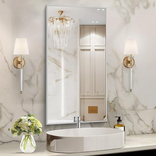 48x24In Silver Bathroom Mirror for Wall, Brushed Nickel Rectangle Mirrors with Metal Frame, Bathroom Rectangular Mirror Modern Wall Mirror for Bedroom Living Room, Hangs Horizontal or Vertical-Ruum Studio Home