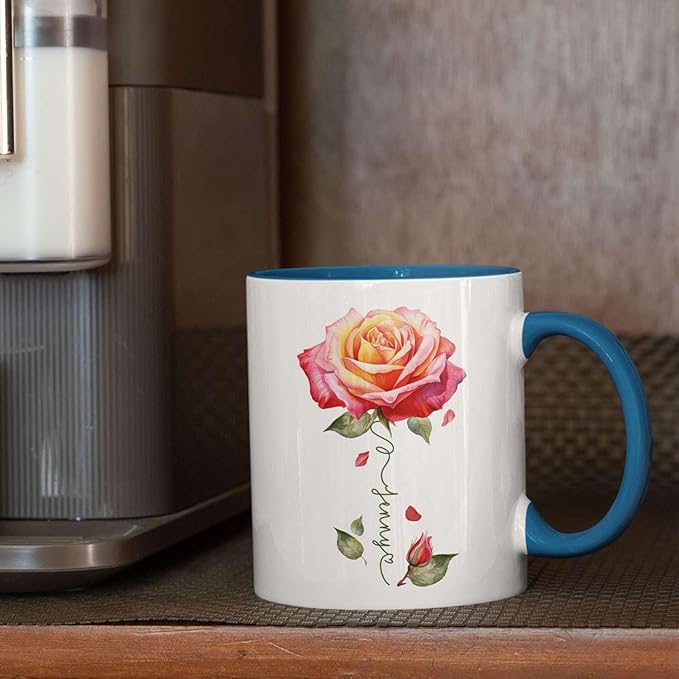 Novelty Rose Accent Cup For Girl, Personalized Rose Flower Coffee Mug 11oz 15oz, Customized Rose Lover Ceramic Cup With Name, Custom Flower Design Mug, Gift For Anniversary-Ruum Studio Home