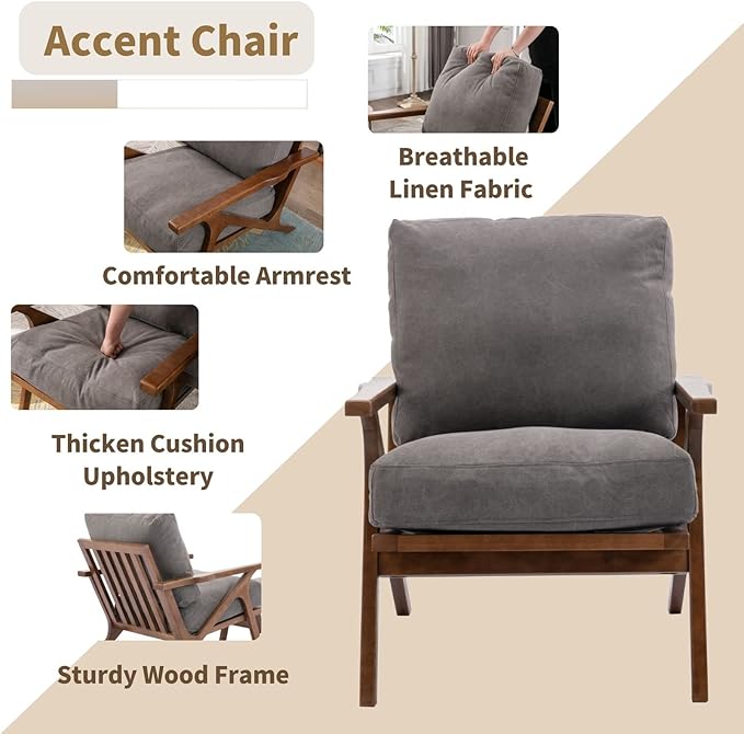 HNY Mid Century Arm Chair, Upholstered Accent Armchair with Wood Frame and Canvas Cushions, Leisure Reading Chair Slipper Chair for Living Room, Bedroom, Gray-Ruum Studio Home