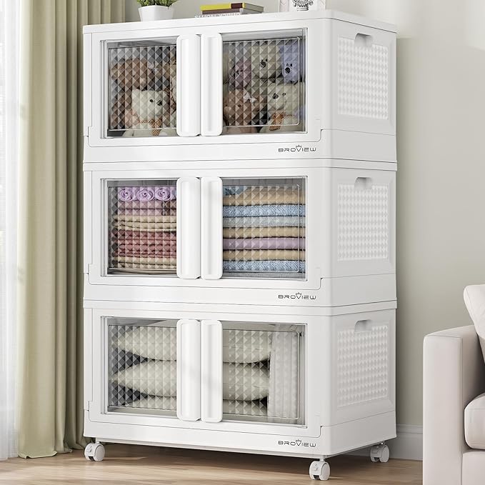 300Qt Stackable Storage Bins with Lids, 75Gal Closet Organizers and Storage Drawer, Plastic Collapsible Storage Bins with Doors, Heavy Duty Store Box Cabinet for Home Kitchen, 3Pack White-Ruum Studio Home