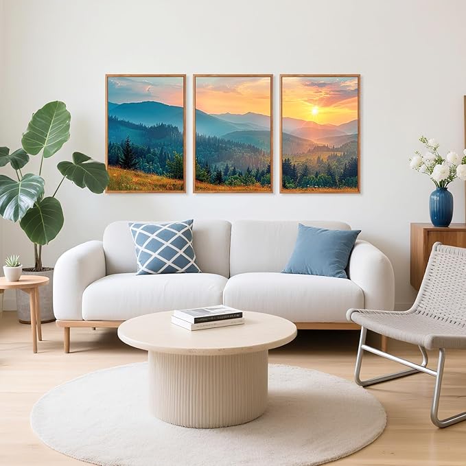 Aurlan Boho Mountain Sunset Landscape Framed Wall Art(16"x24"), 3PCS Green Blue Ridge Grand Teton National Park Canvas Artwork, Abstract Modern Watercolor Nature Forest Scenery Decor for Home Office Bedroom-Ruum Studio Home