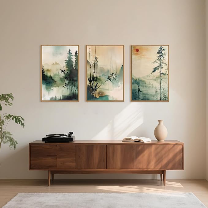 Chinoiserie Nature Framed Canvas Wall Art Set, Mountain and Forest Landscape Painting, Natural Bamboo Pine Tree Lakes Wall Decor for Living Room, Bedroom, Dining Room, Office - 16"x24"x3-Ruum Studio Home