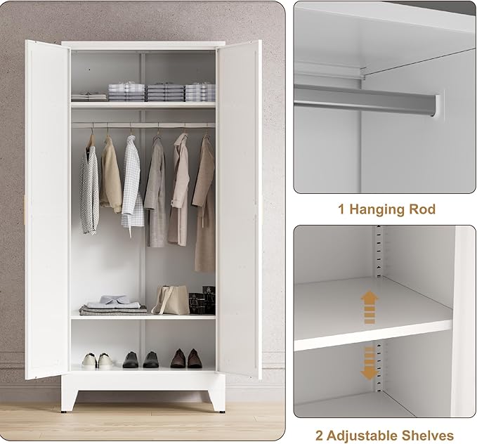 71'' Farmhouse Metal Wardrobe Cabinet with Hanging Rod, 2 Barn Door Wardrobe Closet with 2 Adjustable Shelves,for Dining Room,Bedroom,Living Room, Cloak Room,Office (White)-Ruum Studio Home