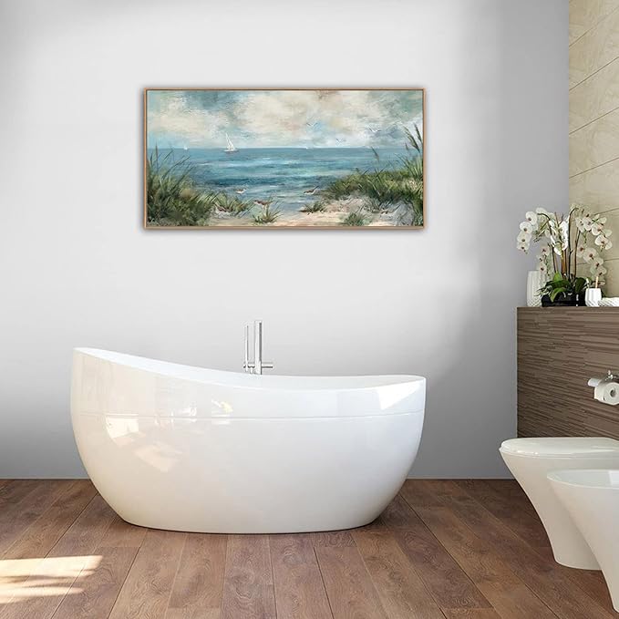 Sea Beach Vintage Seascape Canvas Prints Wall Decor Ocean Sailboat Seagull Beach Bird Reed Canvas Painting Artwork Living Room Bedroom Decoration Natural Framed-Ruum Studio Home