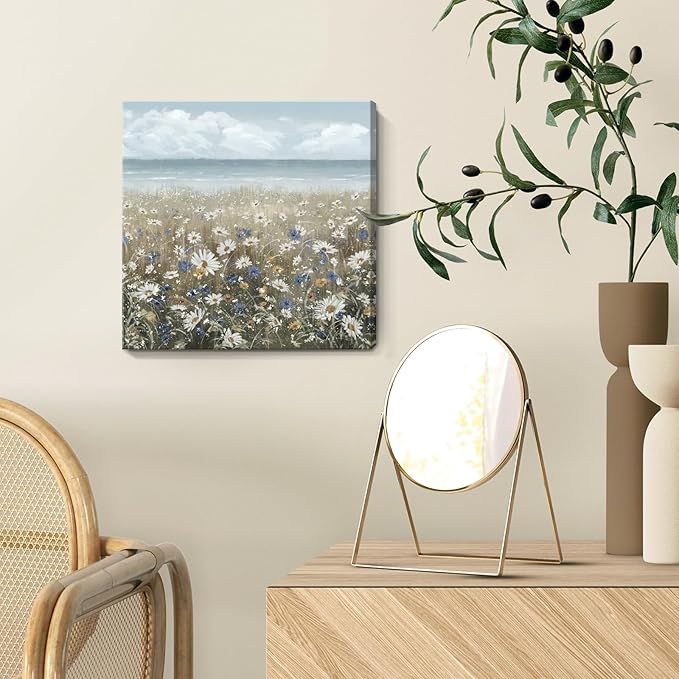Canvas Wall Art Beach Floral Wall Picture Coastal Boho Farmhouse Daisy Flowers Nautical Sea Ocean Wildflowers Canvas Print Vintage Artwork for Small Rustic Bathroom Bedroom Living Room Office Décor-Ruum Studio Home