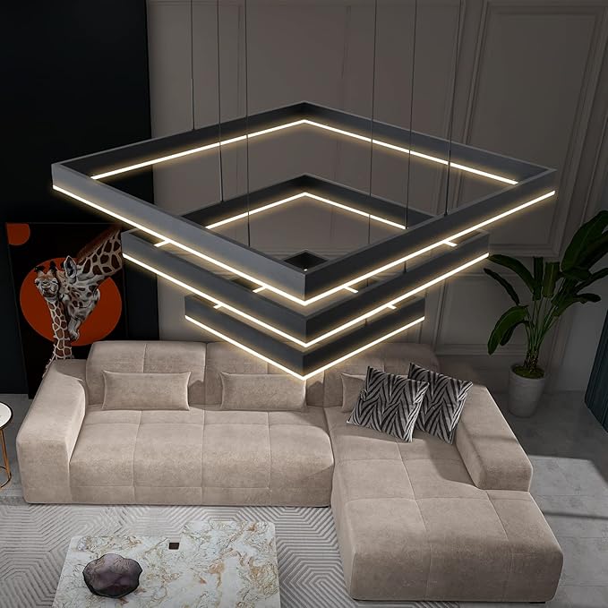 Modern LED Square Chandelier, 3 Ring Dimmable for Living, Dining, Bedroom & Foyer - High Ceiling Hanging LED Pendant Light Fixture (Black)-Ruum Studio Home
